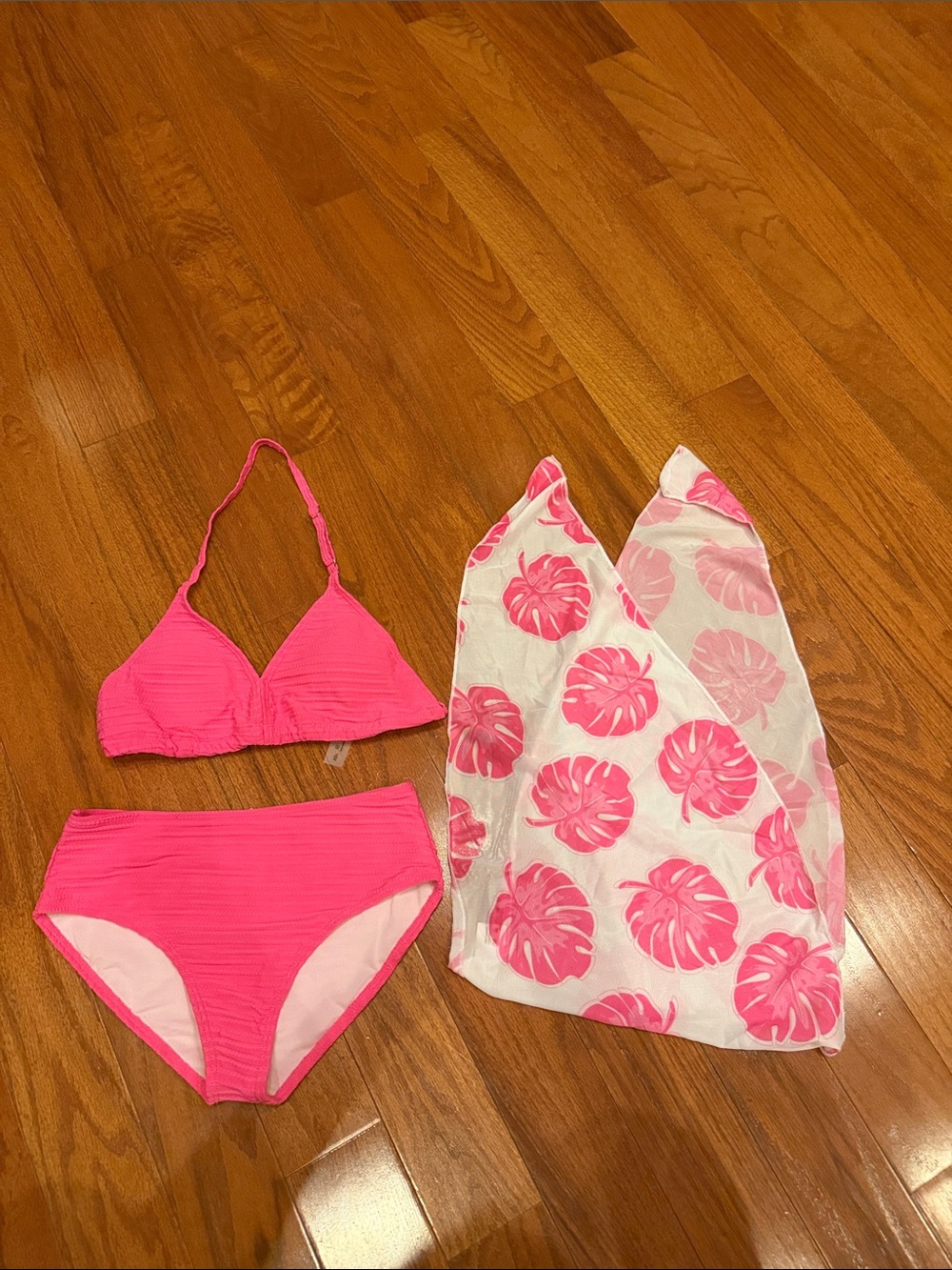 SHEIN Hot Pink Girls Two-Piece Bikini with Printed Sarong
